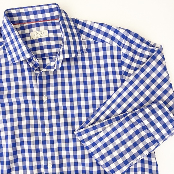 Eton || Contemporary Shirt Gingham Check Plaid Button Down Blue 16.5 Large - Picture 1 of 8